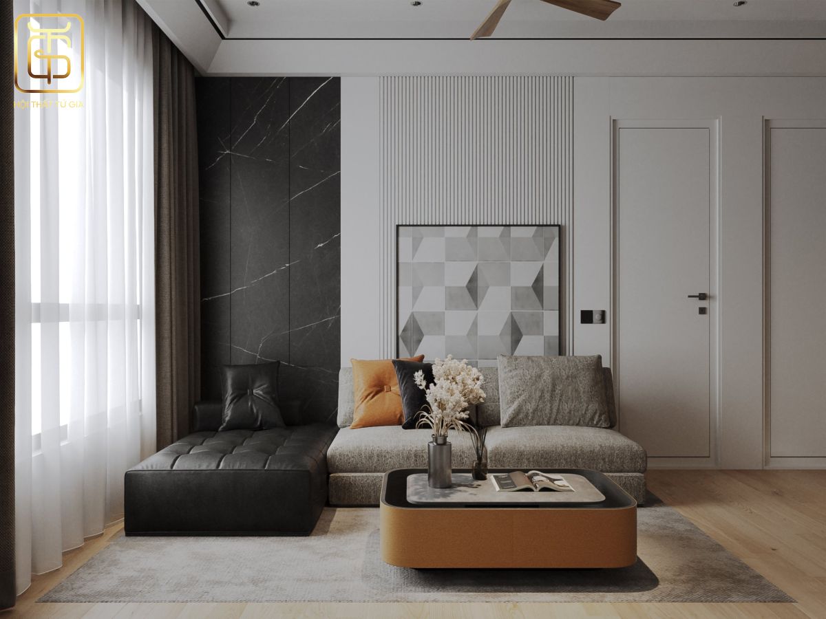 Phòng khách trẻ trung, hiện đại với sofa 2 màu be - đen kết hợp gối dựa màu sắc tạo điểm nhấn