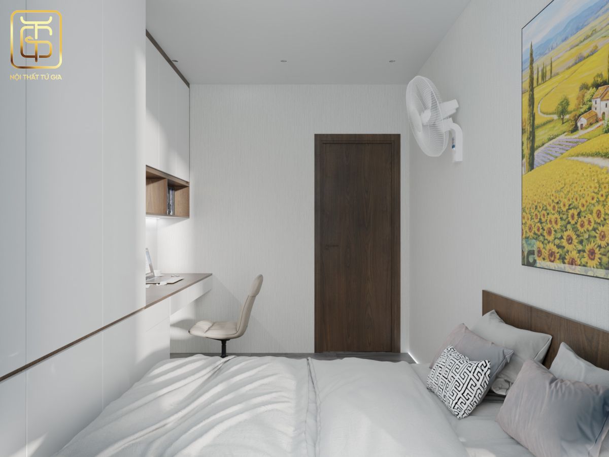 Phòng ngủ cho bé với tone màu trắng chủ đaho kết hợp với nội thất có viền nâu gỗ tạo điểm nhấn cho không gian