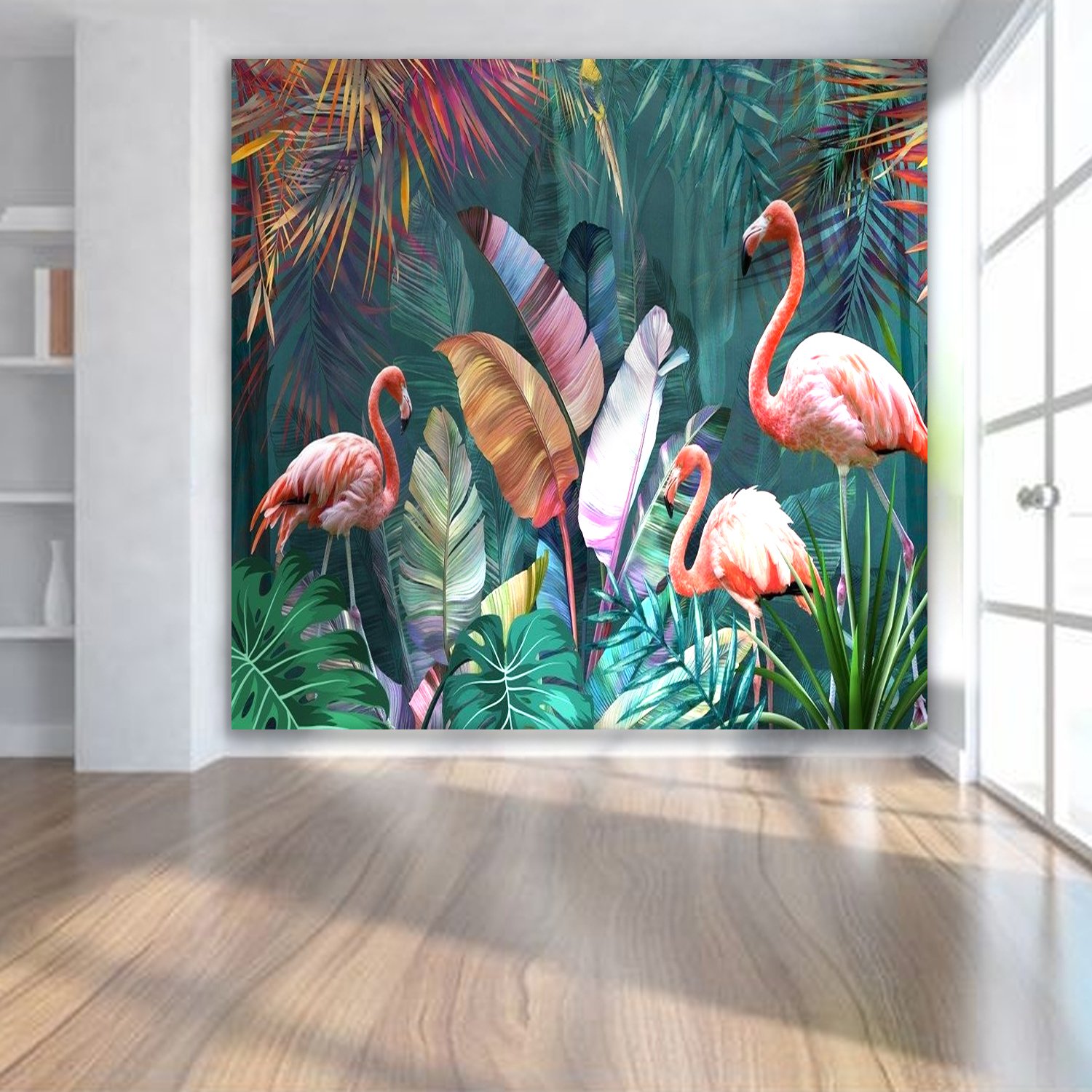 Tranh 3D phòng khách đôi chim hạc và lá xanh đặc sắc, tạo điểm nhấn cho căn nhà