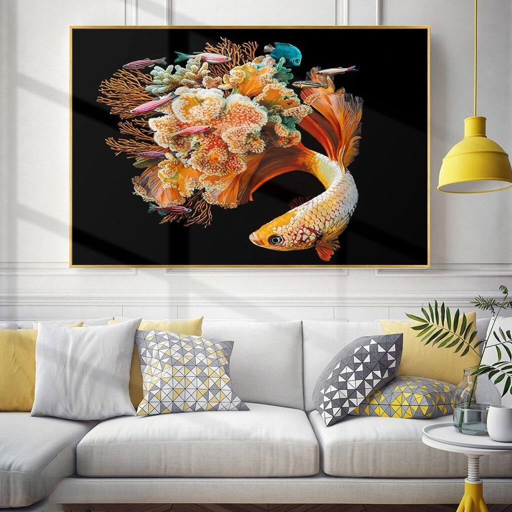 Mẫu tranh 3D phòng khách với đàn cá nhiều màu sắc