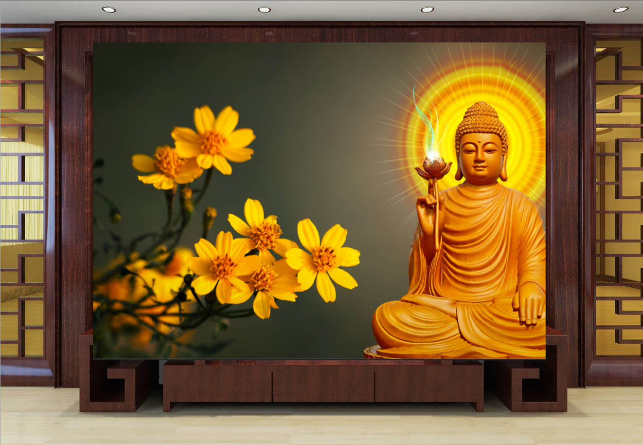 Gia chủ treo tranh dán tường phòng thờ chủ đề Phật giáo với mong muốn được che chở khỏi những xui rủi trong cuộc sống