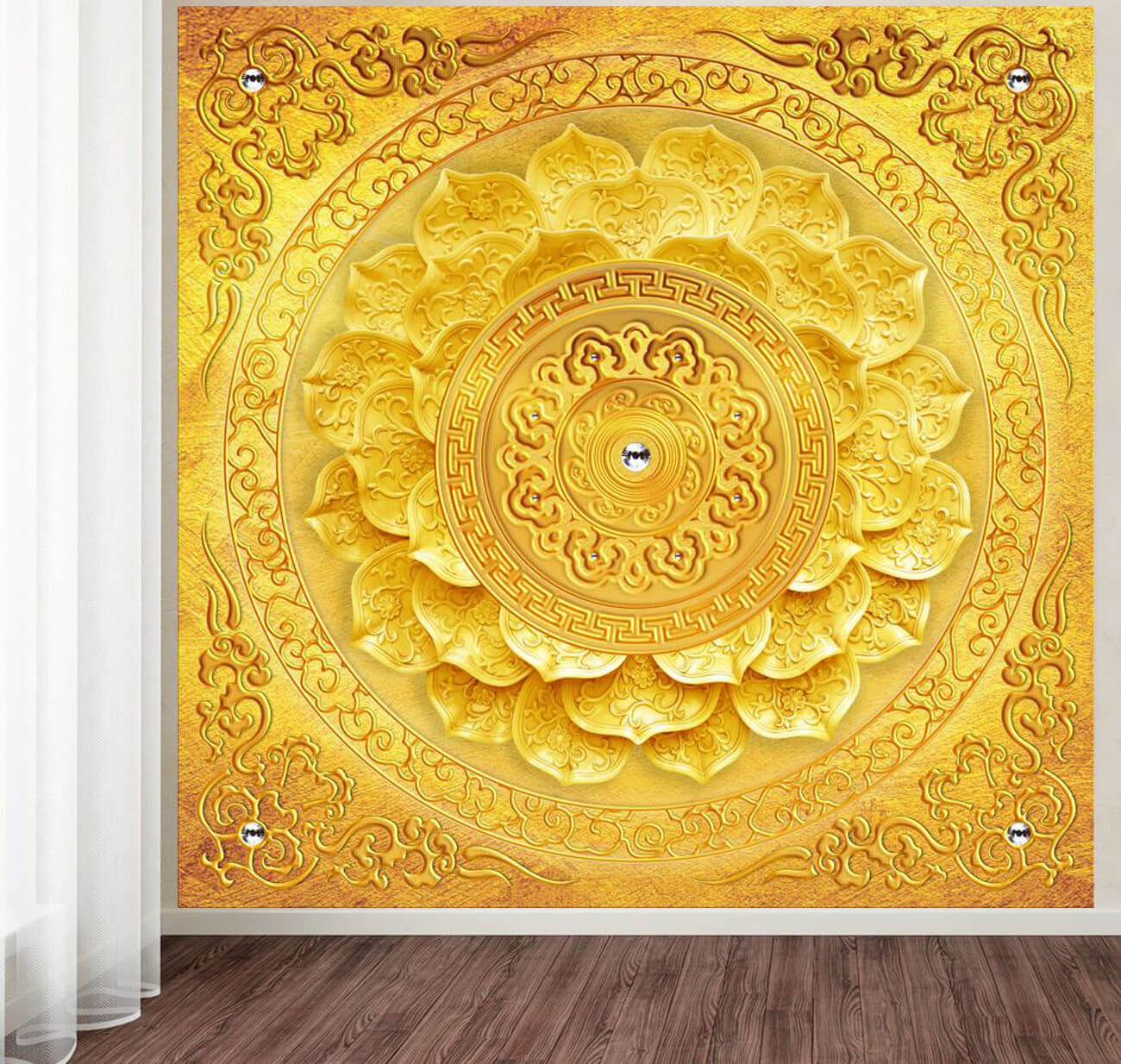 Mẫu tranh sen vàng dán tường phòng thờ linh thiêng