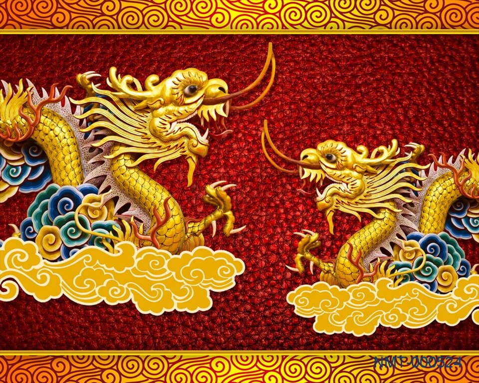 Đôi rồng vàng trong tranh dán tường phòng thờ biểu tượng của sức mạnh