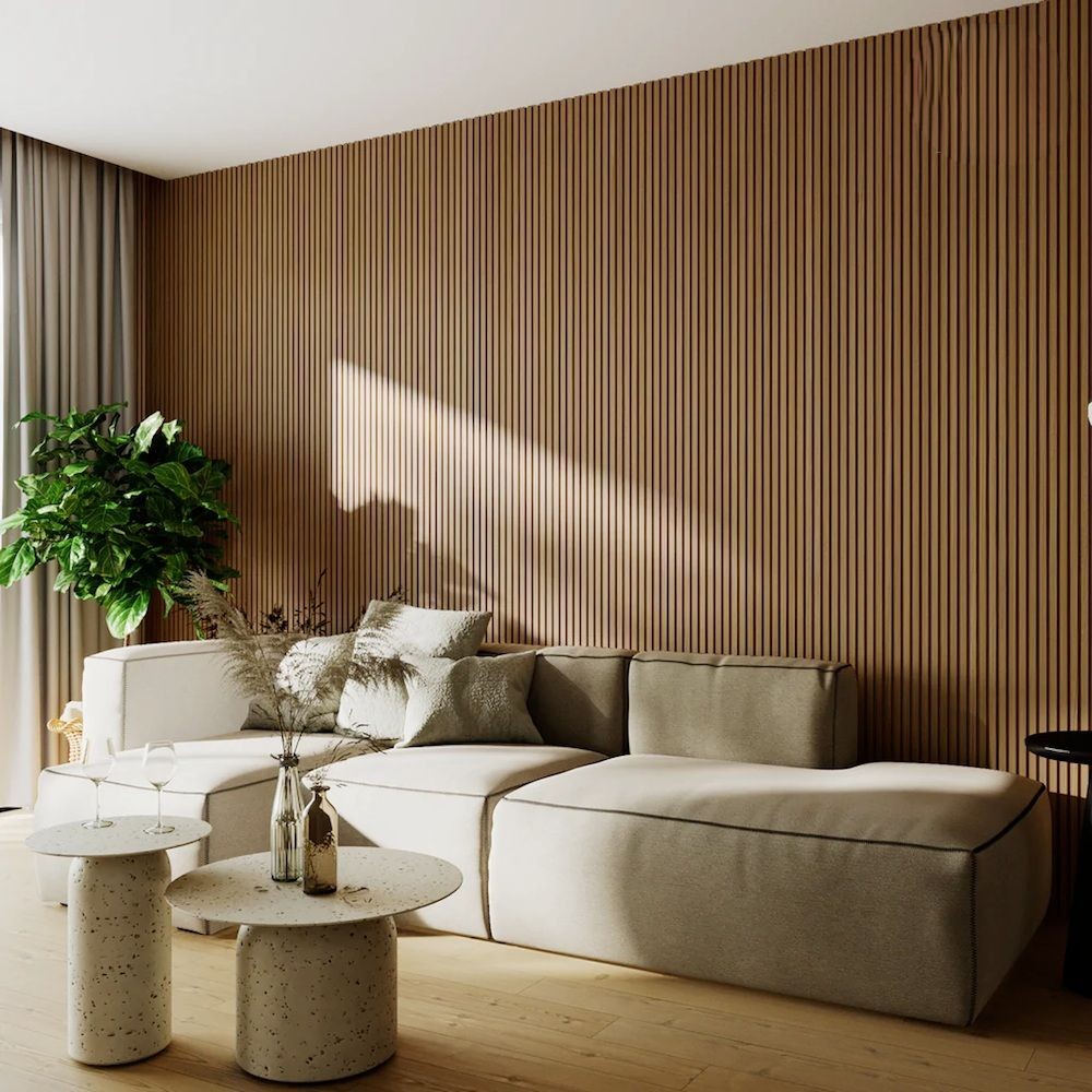 Tô điểm thêm cho bức tường sau sofa trống trải bằng những thanh lam gỗ tinh tế