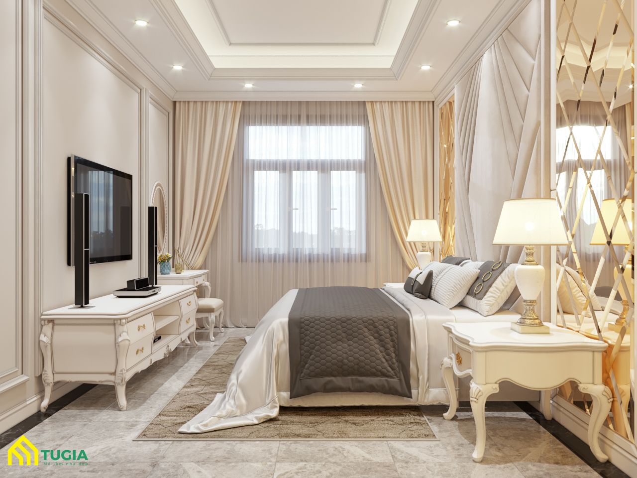 Phòng ngủ tân cổ điển nhà ống với gam màu trắng, vàng ấm áp, tinh tế