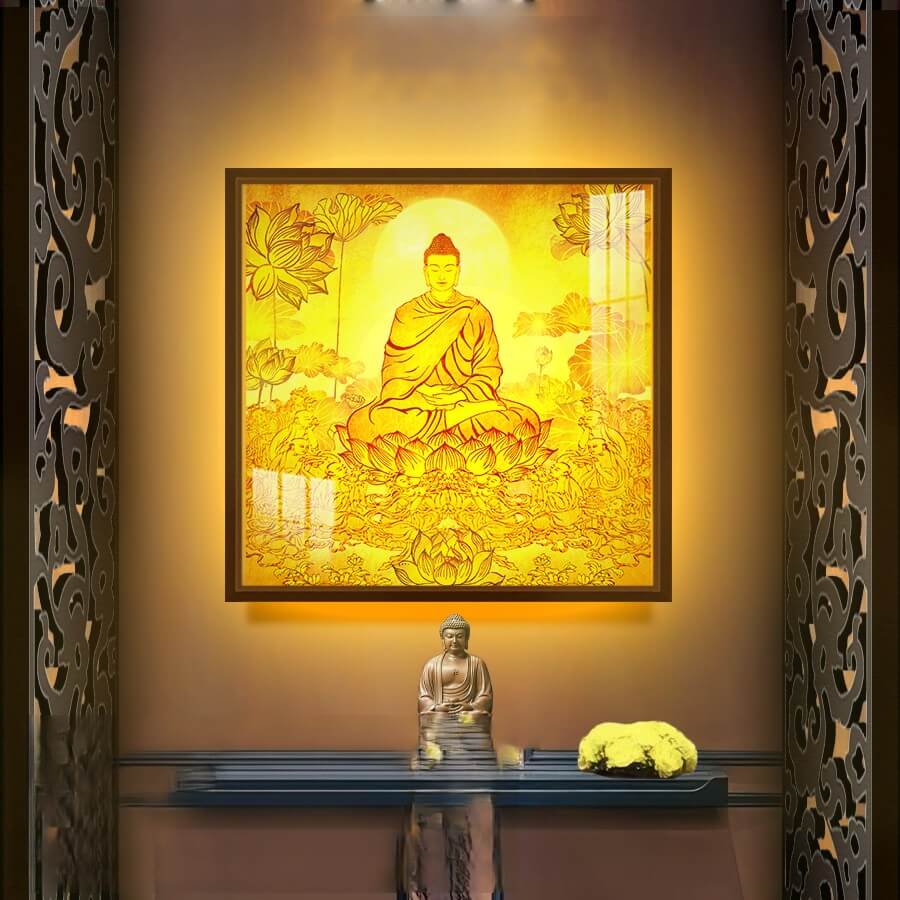 Mẫu tranh trúc chỉ phòng thờ Phật Tổ ngồi trên đài sen đẹp