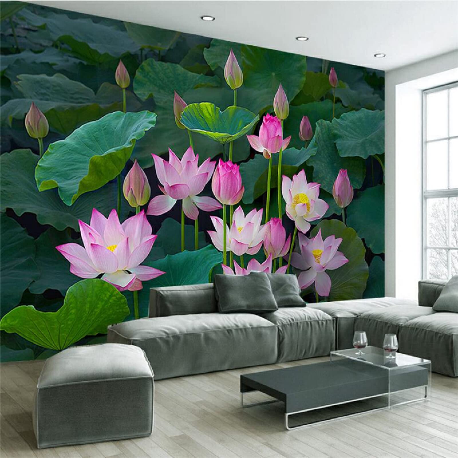 Mẫu tranh hoa sen vẽ tường đẹp mắt cho phòng khách