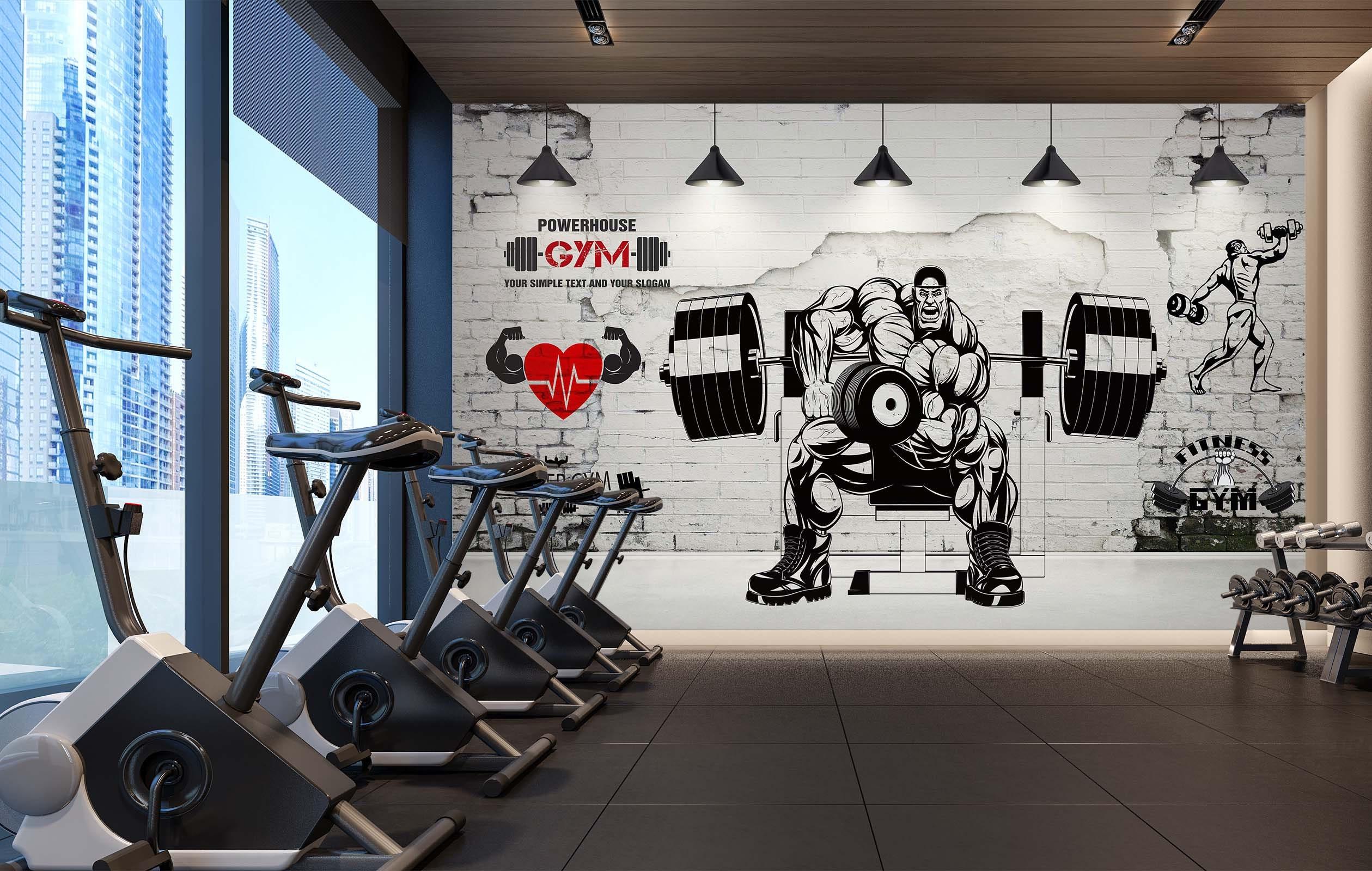 Mẫu tranh tường phòng gym hình ảnh người đàn ông cơ bắp tập tạ