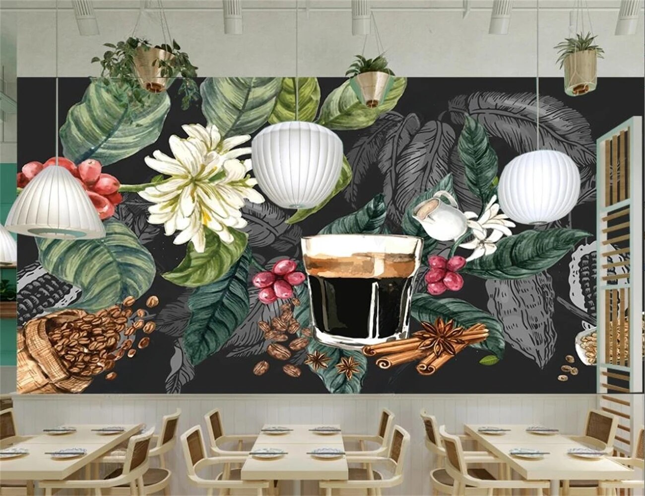 Mẫu tranh vẽ tường hơi hướng tropical cho quán cafe, trà chanh