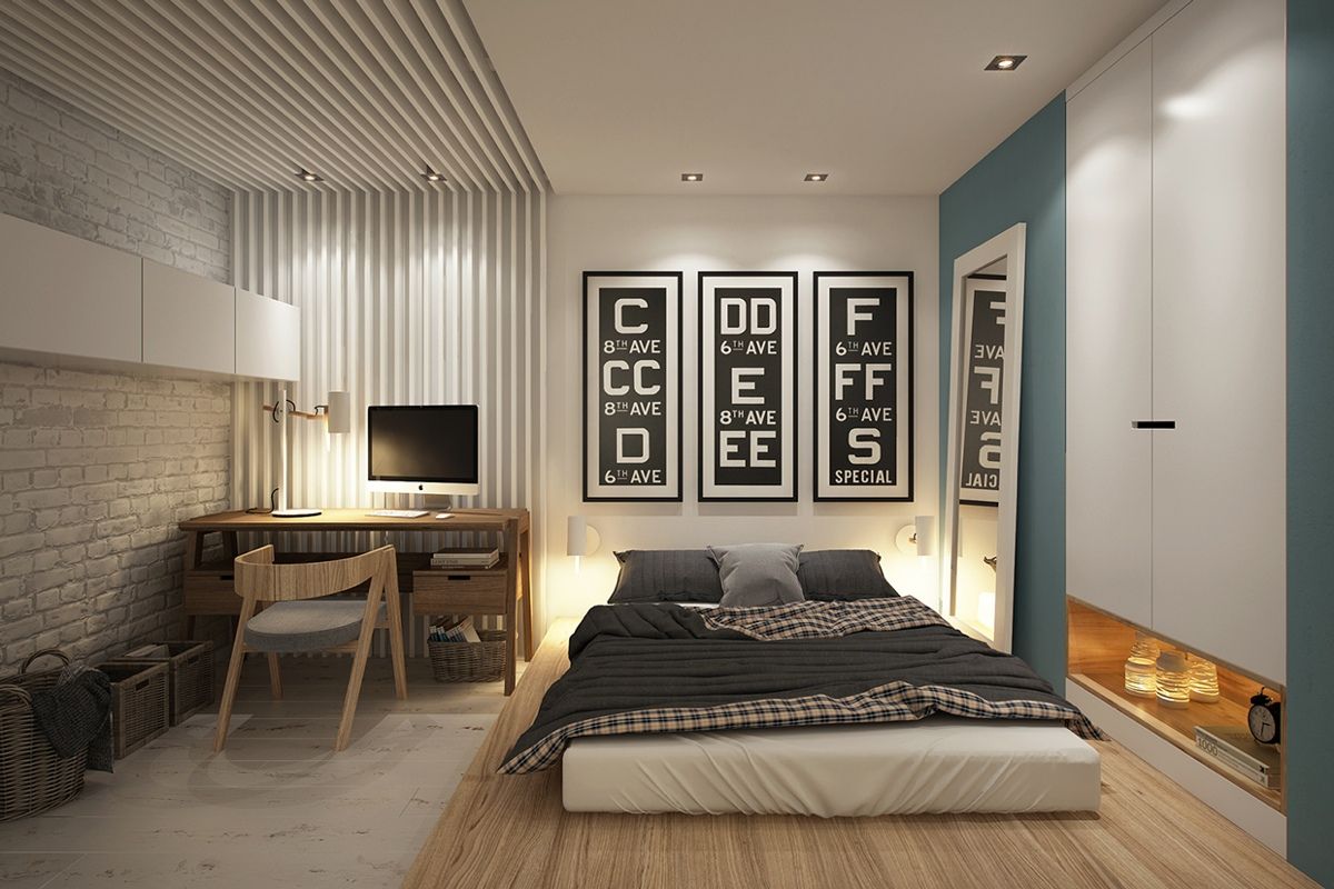 Phòng ngủ không giường hiện đại với tone màu trắng phối xanh xám độc đáo và thoải mái
