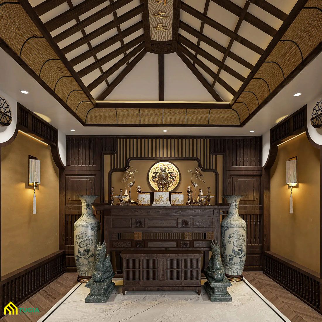 Phòng thờ nhà vườn cấp 4 theo phong cách truyền thống Á Đông