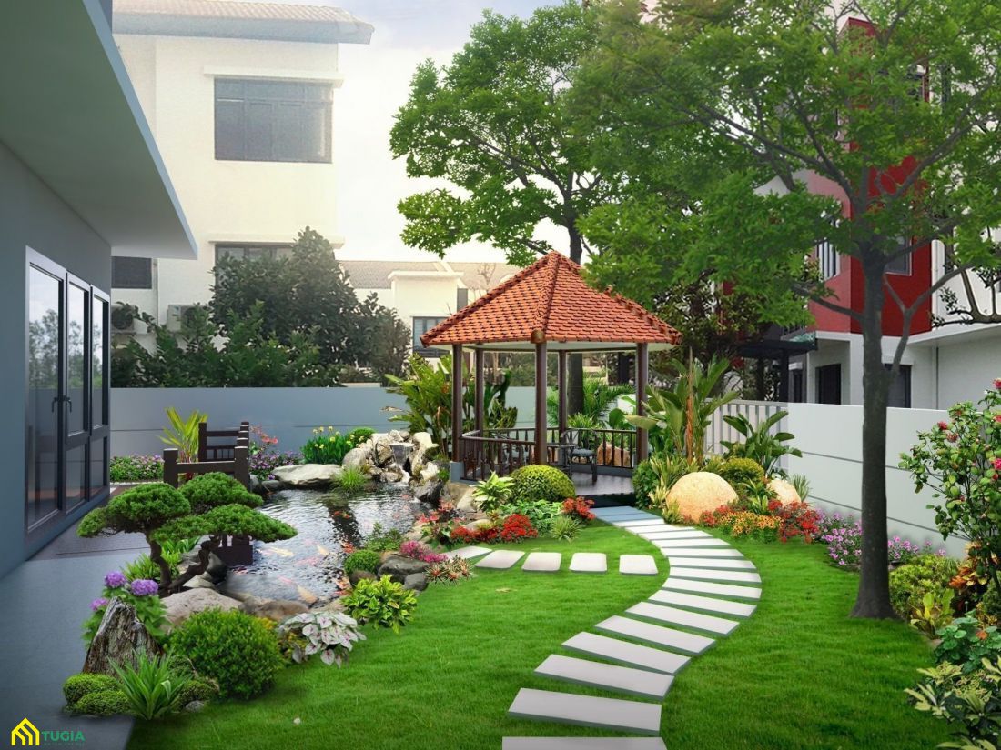 Mẫu thiết kế sân vườn theo phong cách Á Đông hiện đại kết hợp với các yếu tố truyền thống