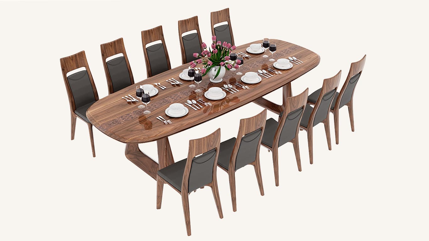 Không gian phòng ăn biệt thự với mẫu bàn ăn 10 ghế gỗ óc chó cao cấp 