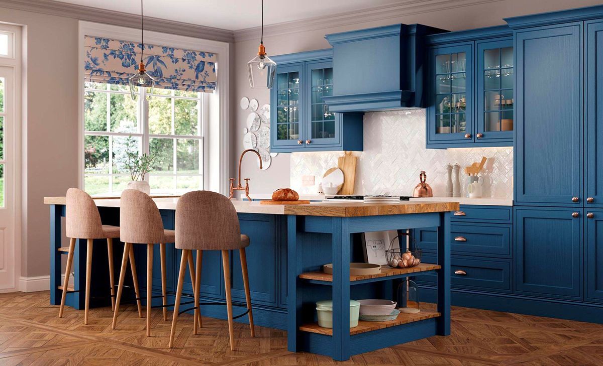 Đảo bếp tân cổ điển sử dụng cốt gỗ MDF phủ sơn PU màu xanh sáng tạo