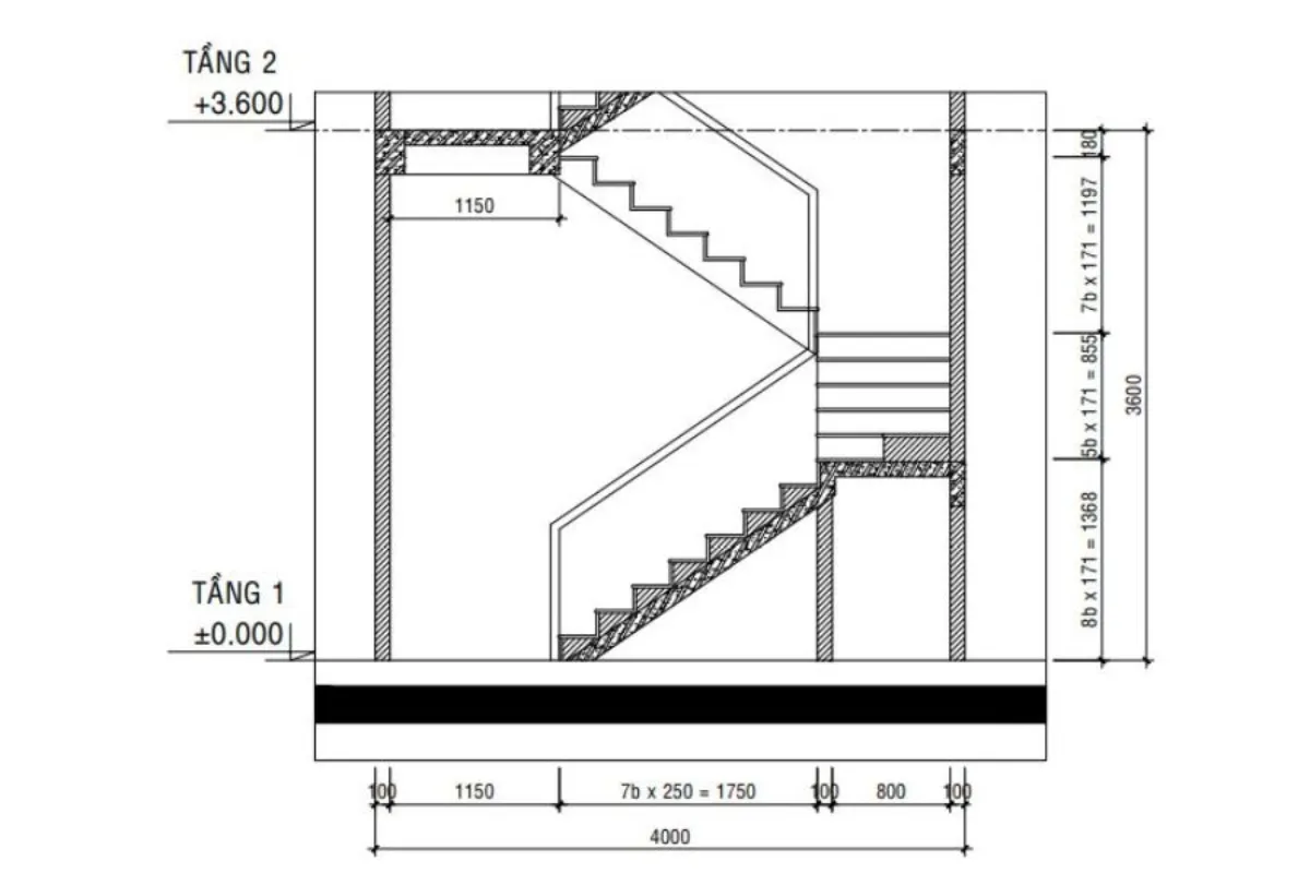 Bản vẽ cầu thang 21 bậc cho nhà 2 tầng