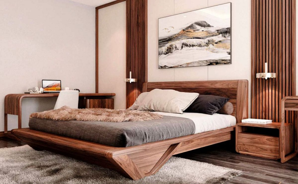 Giường ngủ gỗ óc chó chân giường hình thang