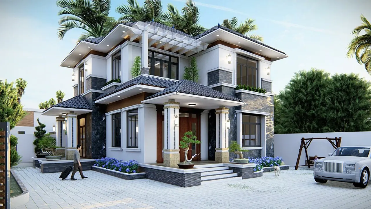 Thiết kế nhà 2 tầng mái Thái theo kiểu biệt thự