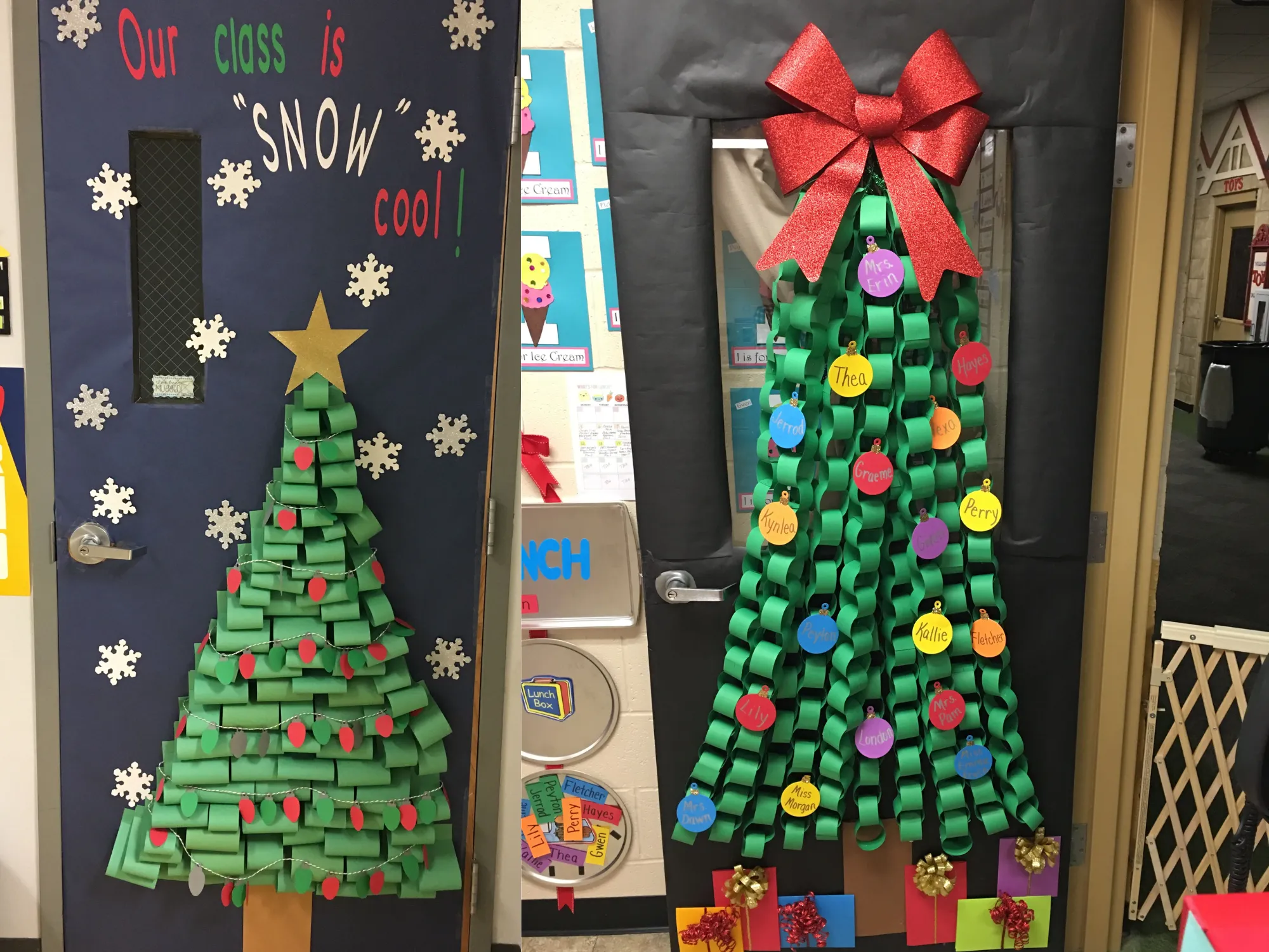 Trang trí cửa lớp học cho trẻ nhân dịp Giáng sinh bằng cách cắt dán hình cây thông Noel