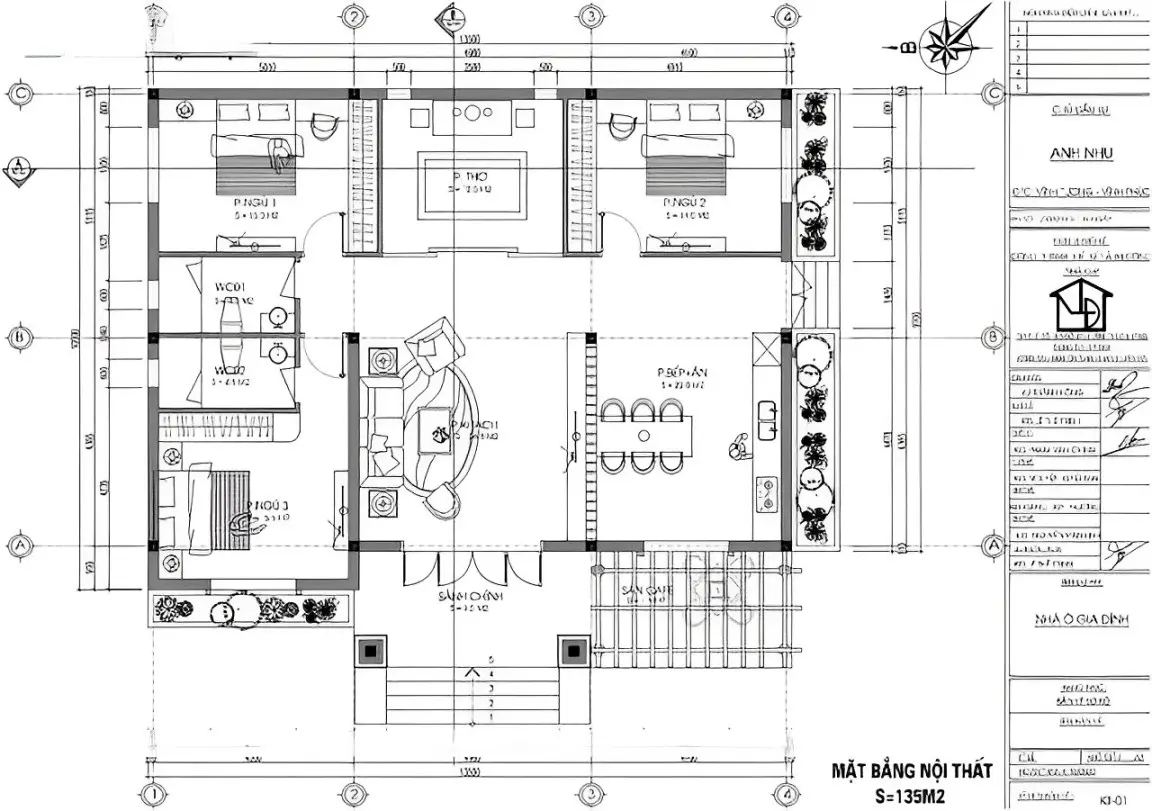 Bản vẽ chi tiết mẫu nhà cấp 4 mái Thái 8x12m 3 phòng ngủ hiện đại 