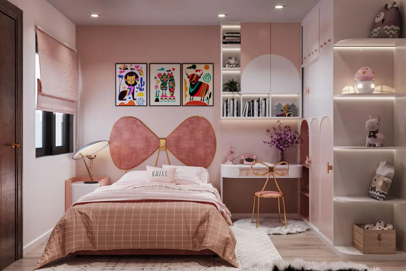Mẫu phòng ngủ nhỏ cho nữ được trang trí theo tone hồng dịu dàng