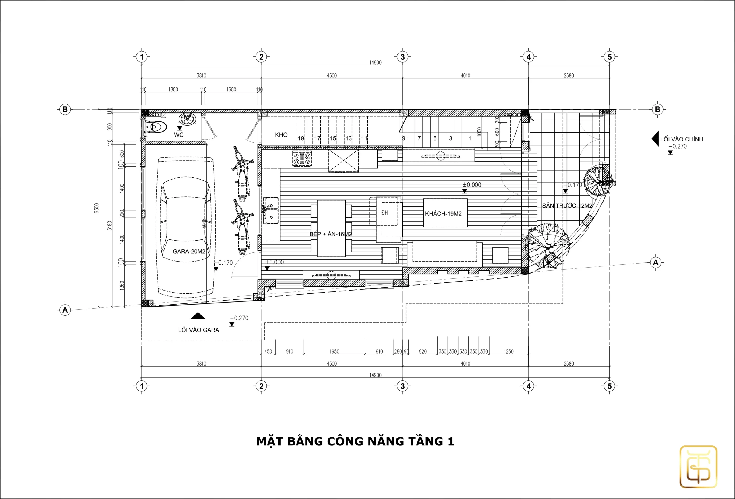 Mặt bằng kiến trúc tầng 1 là không gian sinh hoạt chung: phòng khách, phòng bếp, nhà kho và gara ô tô 