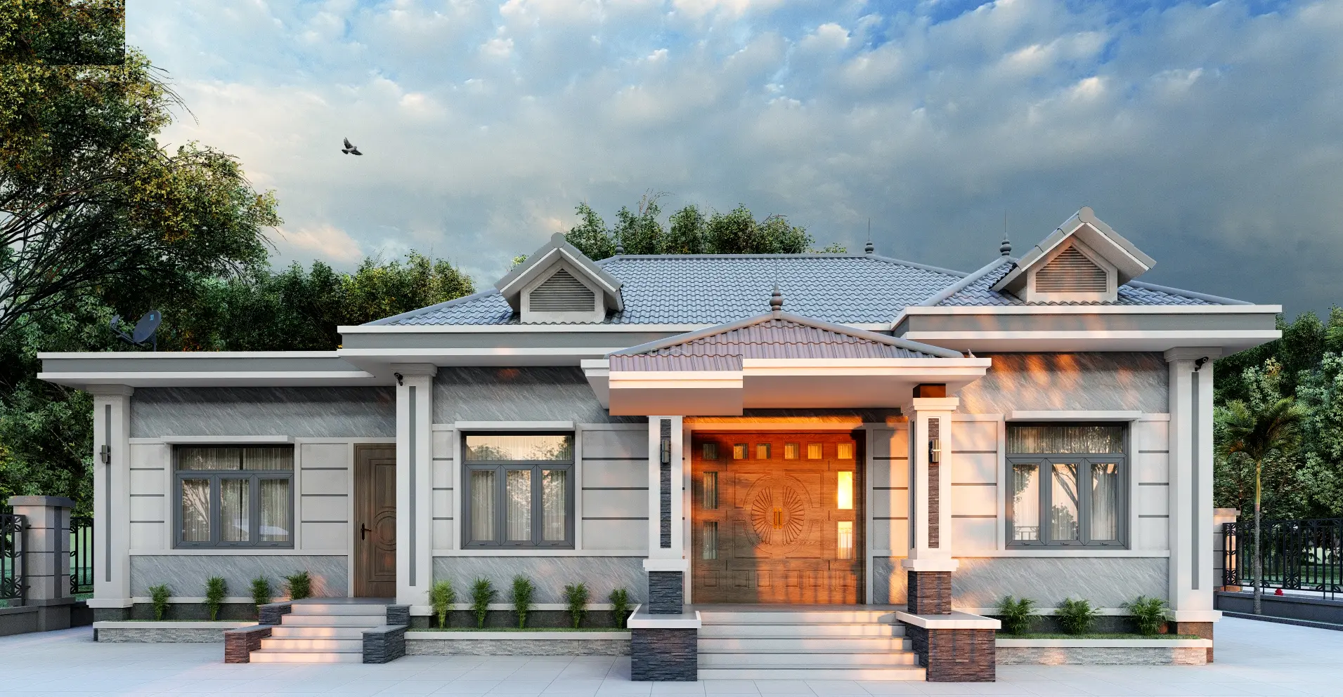 Căn nhà sở hữu vẻ đẹp hiện đại khi kết hợp với hệ mái Thái cao cấp, chất lượng