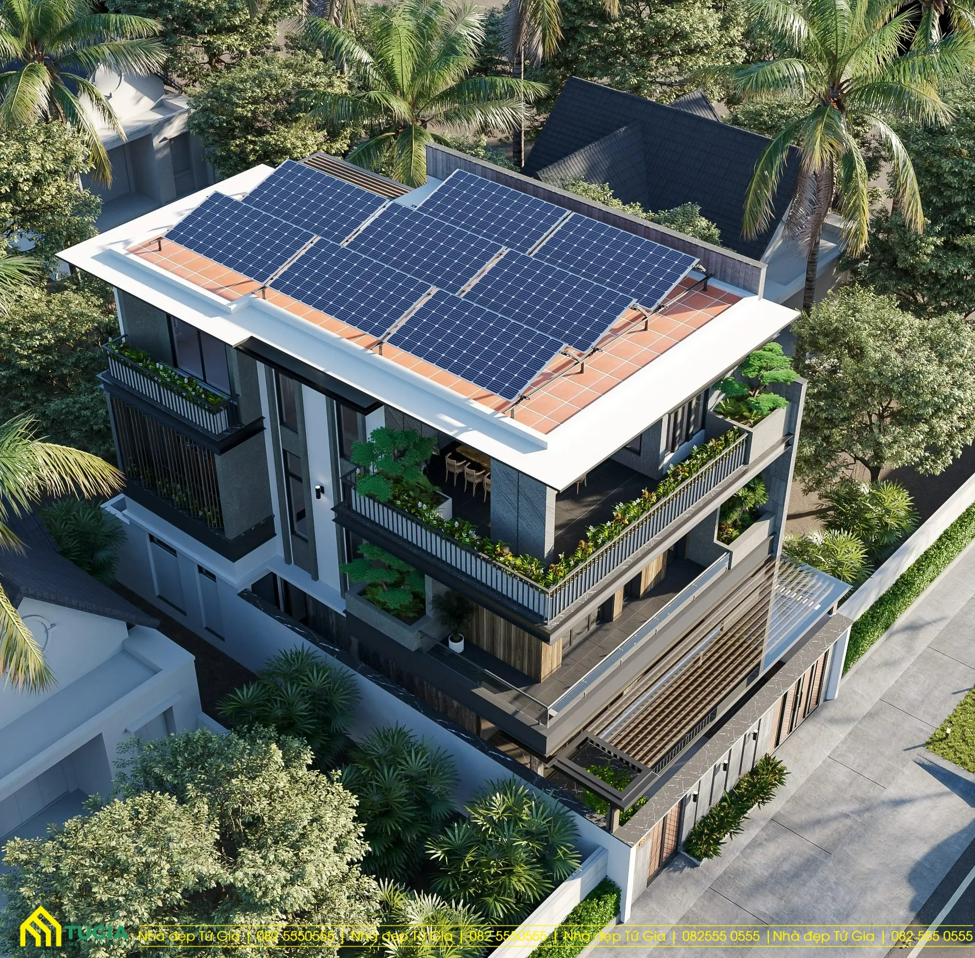 Lắp đặt hệ thống pin năng lượng mặt trời trên sân thượng giúp tiết kiệm được điện năng tiêu thụ hàng ngày