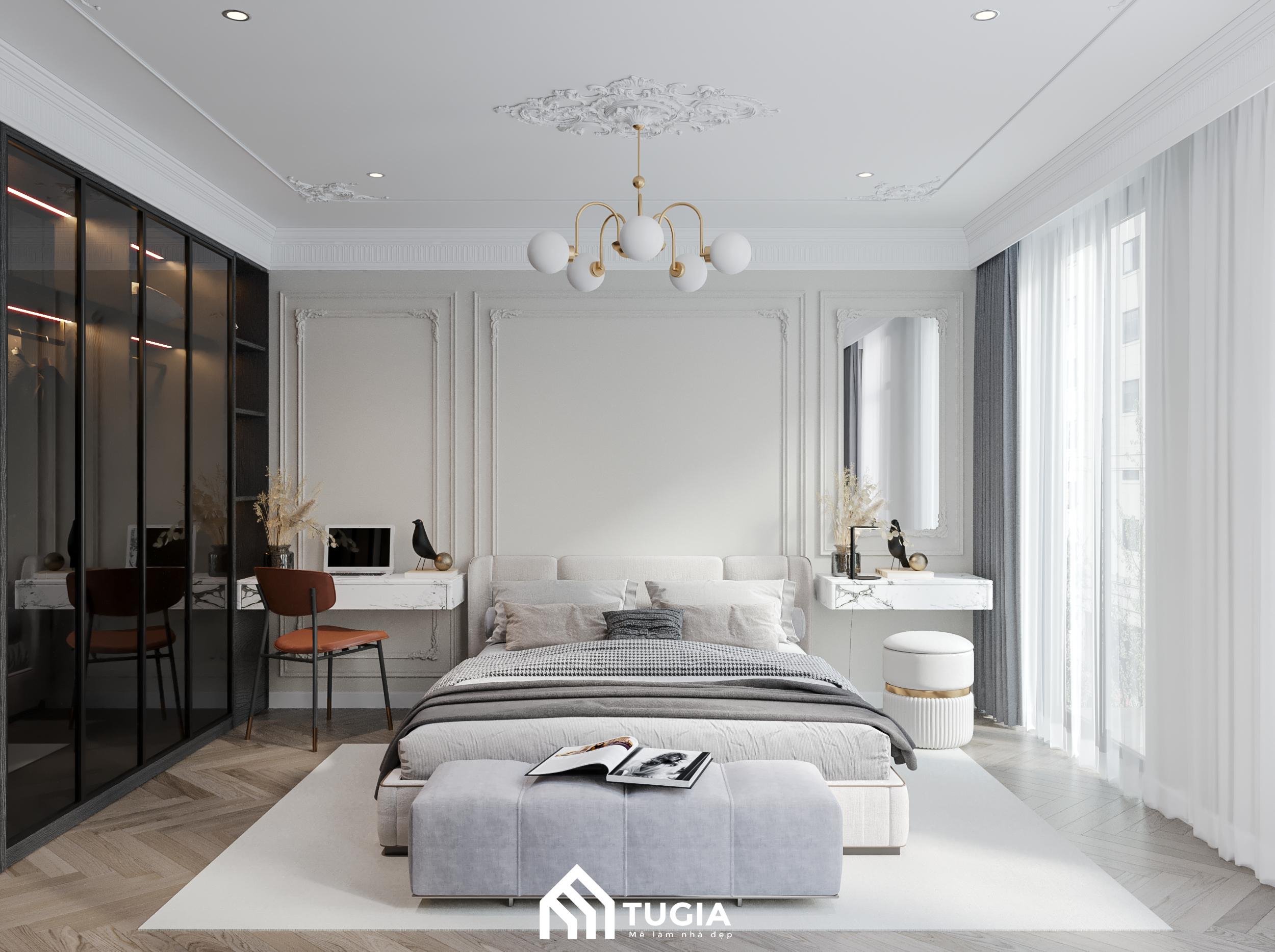 Phòng ngủ được trang trí với những đường nét Tân cổ sắc sảo