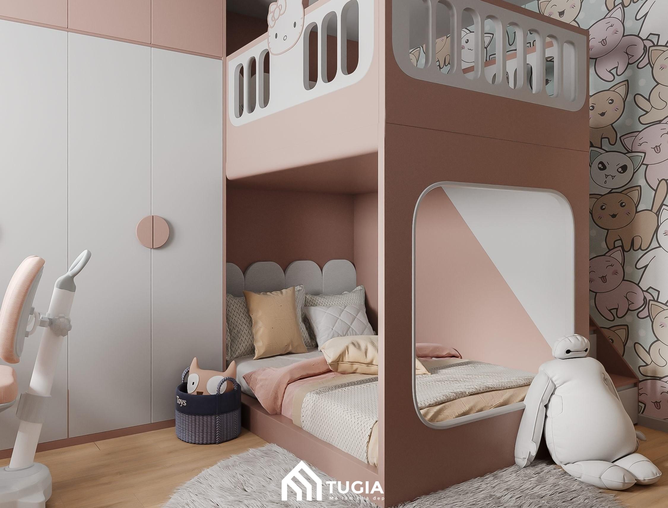 Phòng ngủ cho 2 bé với tông màu hồng kèm giường tầng giúp tối ưu diện tích