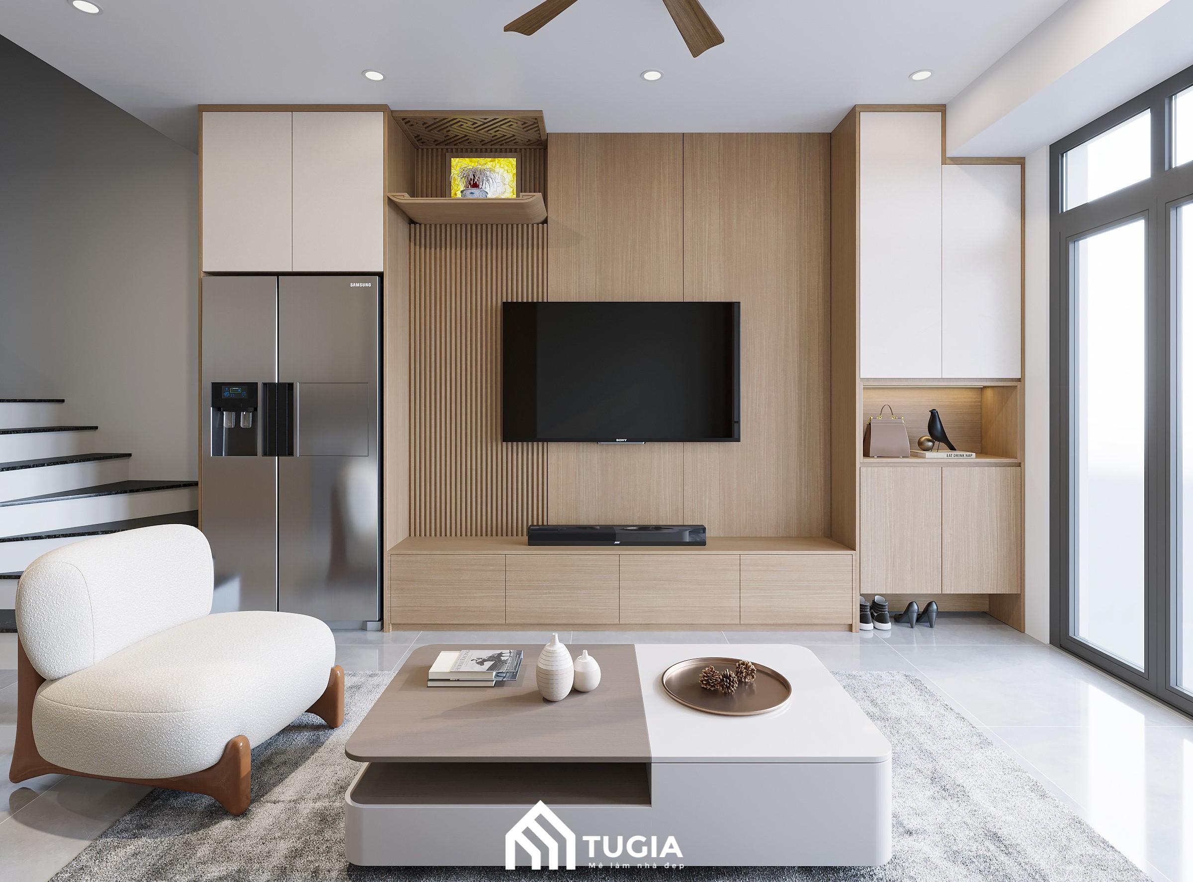 Thiết kế bên trong nhà cấp 4 với phòng khách liền bếp mang đến không gian liền mạch