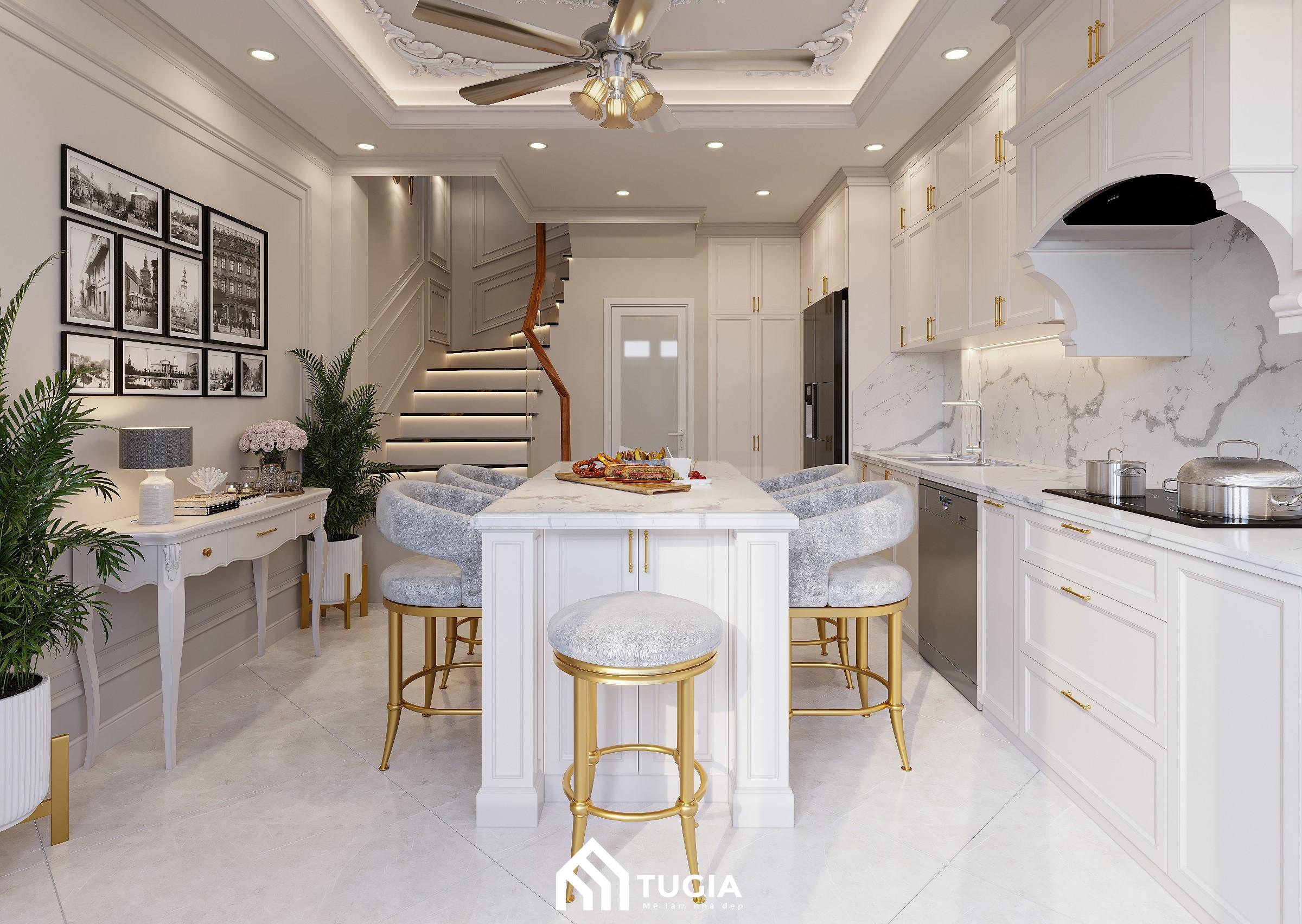Thiết kế phòng bếp tân cổ điển với đồ nội thất cao cấp bằng đá cẩm thạch