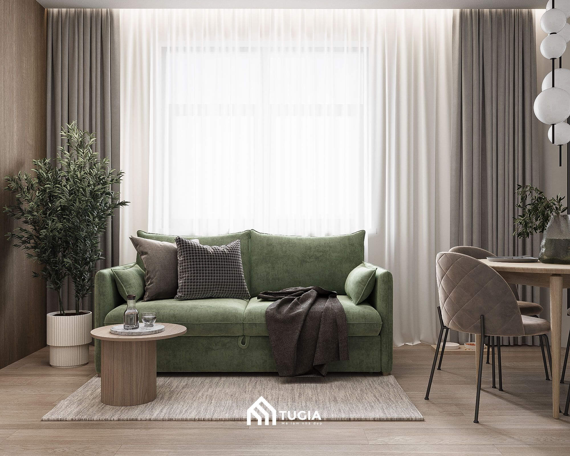 Sofa đơn bọc nỉ tông màu xanh rêu tạo điểm nhấn