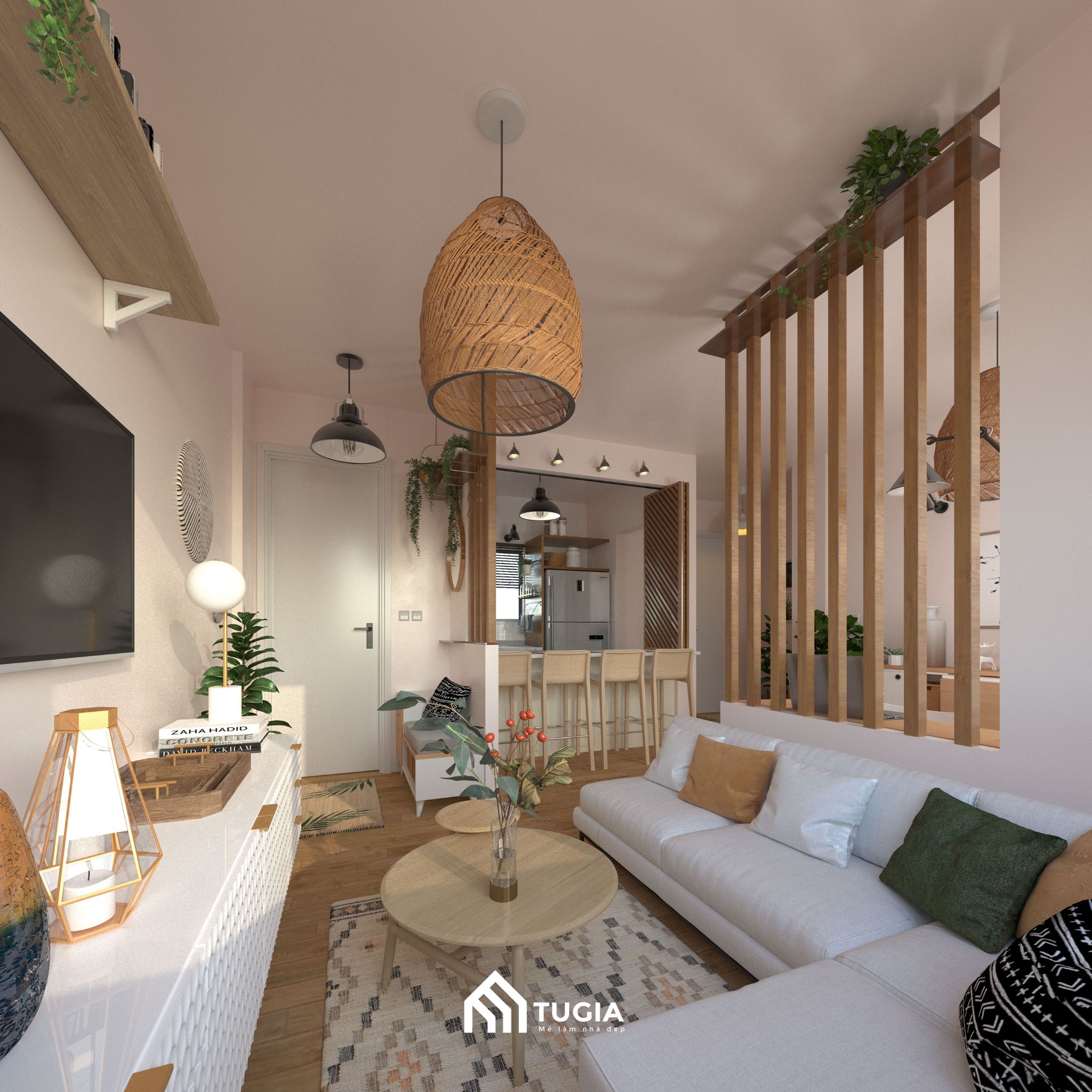 Không gian phòng khách bếp căn hộ mini 25m2 phong cách Bắc Âu