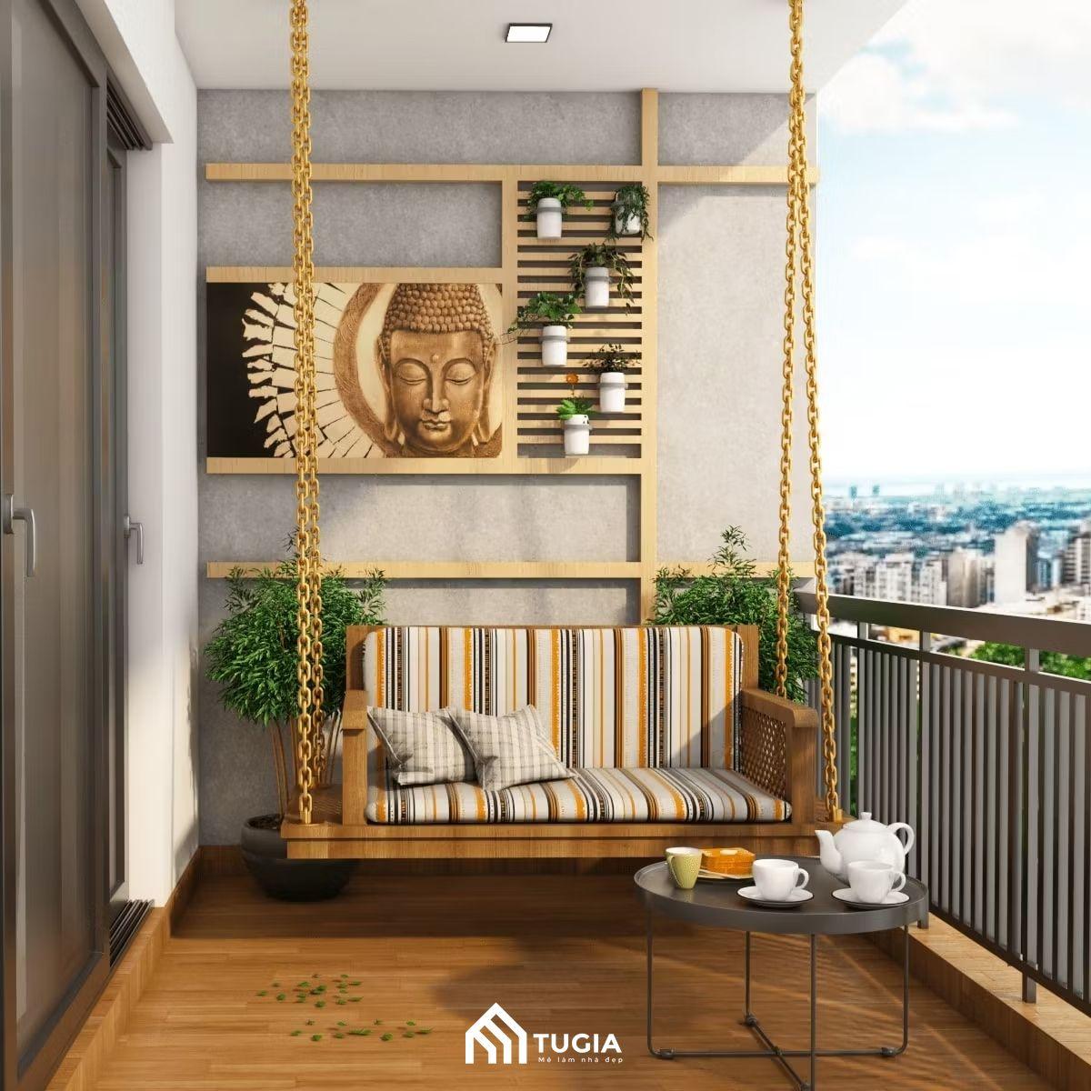 Thiết kế ban công chung cư với sàn, kệ và xích đu gỗ bằng gỗ giúp tổng thể không gian trở nên đẹp mắt hơn