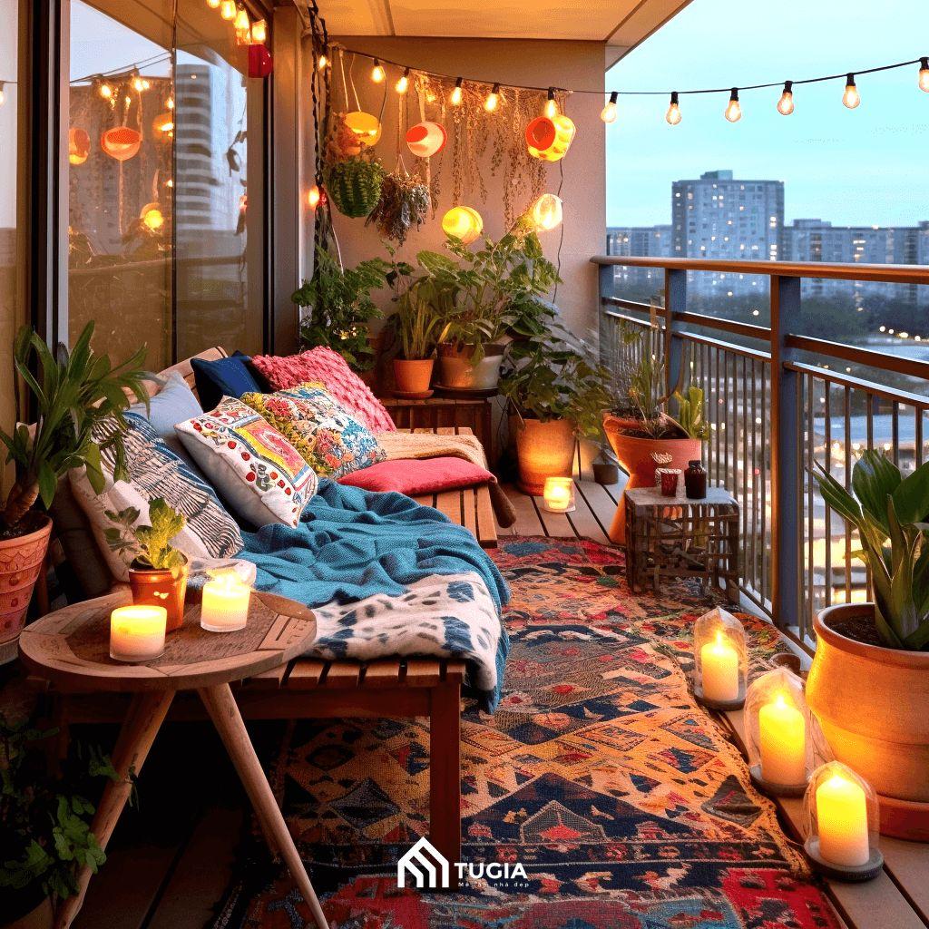 Trang trí ban công đẹp cho nhà phố với màu sắc rực rỡ theo phong cách Bohemian