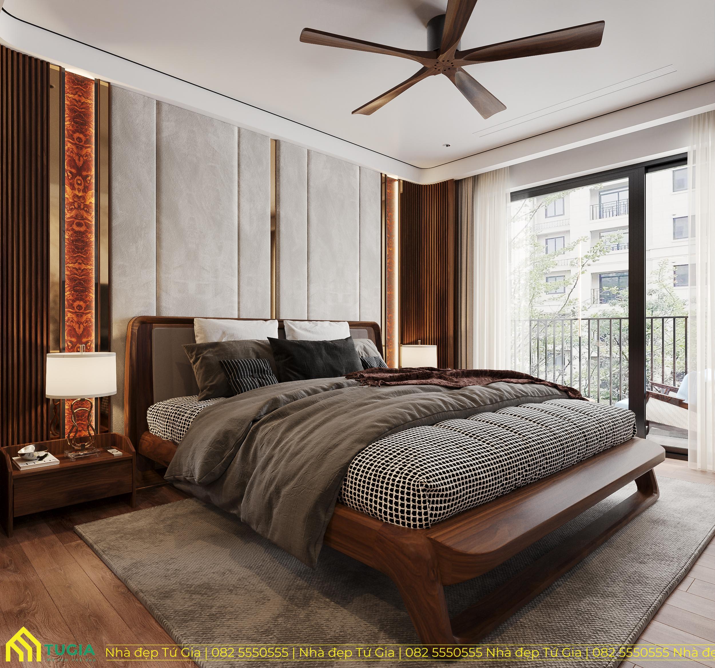 Phòng ngủ với diện tích 20m2 ứng dụng chất liệu gỗ óc chó sang trọng cao cấp