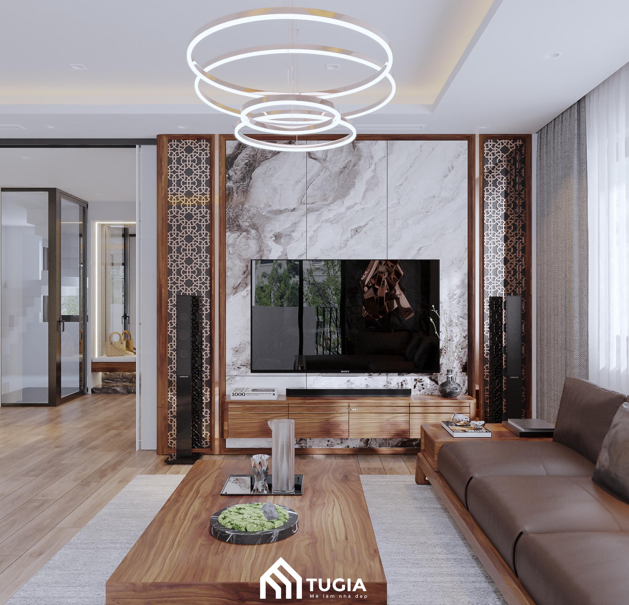 Phòng khách được thiết kế hiện đại với chất liệu gỗ tự nhiên kết hợp da cao cấp