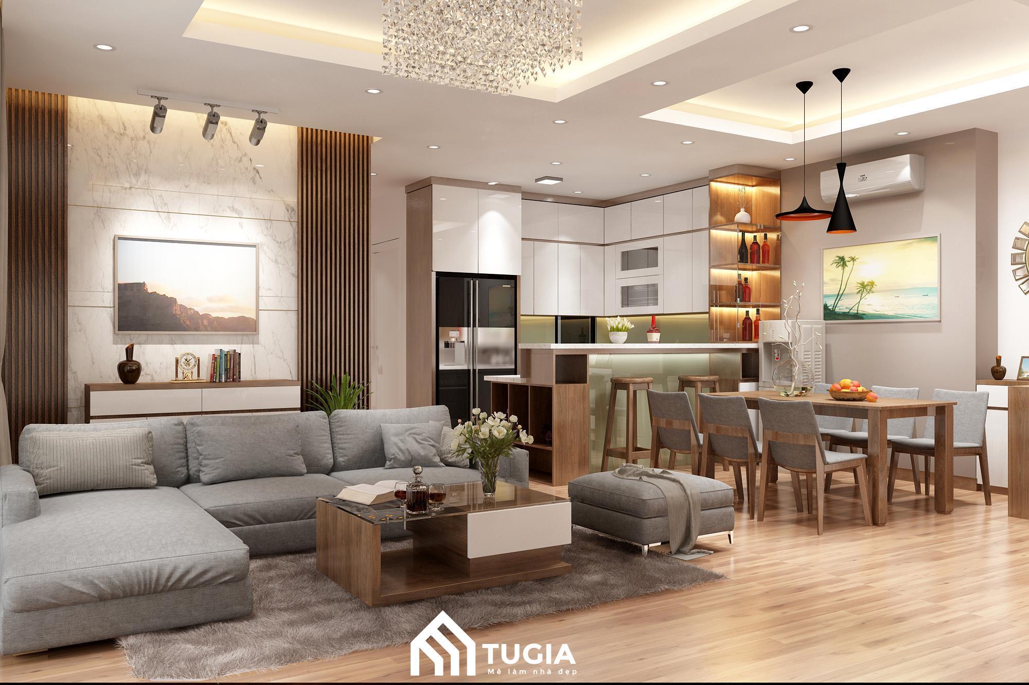 Bố trí kệ tivi ở góc tường là ý tưởng cải tạo nhà cấp 4 thông minh giúp tối ưu không gian phòng khách