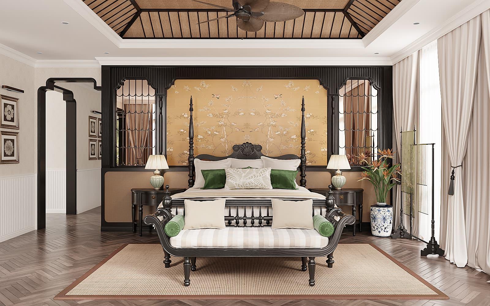 Mẫu cải tạo nhà phố phong cách Indochine sử dụng nội thất bằng gỗ tạo nên sự mộc mạc, gần gũi