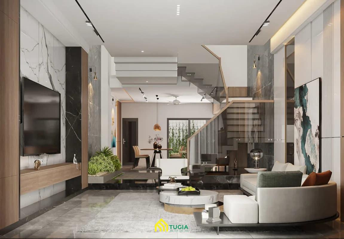 Không gian tầng trệt được thiết kế theo lỗi không gian mở cực rộng rãi với phòng khách liền phòng bếp