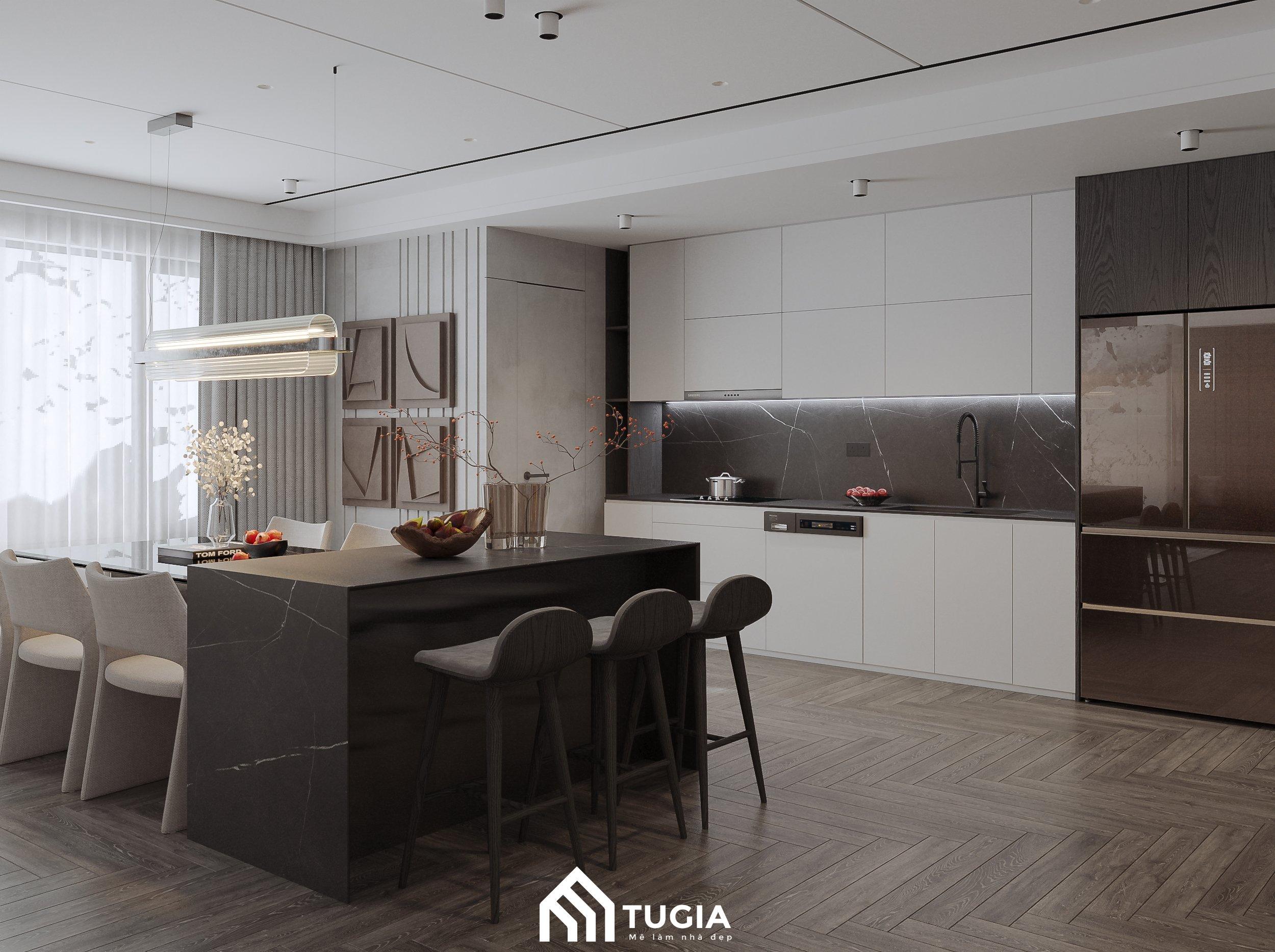 Bàn đảo bếp bằng đá với màu đen trầm giúp tạo điểm nhấn cho không gian bếp