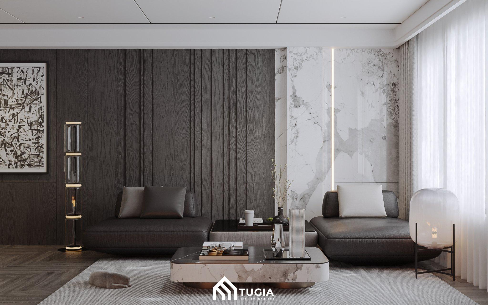 Phòng khách nổi bật với bộ ghế sofa, bàn trà cao cấp bằng da nhập khẩu