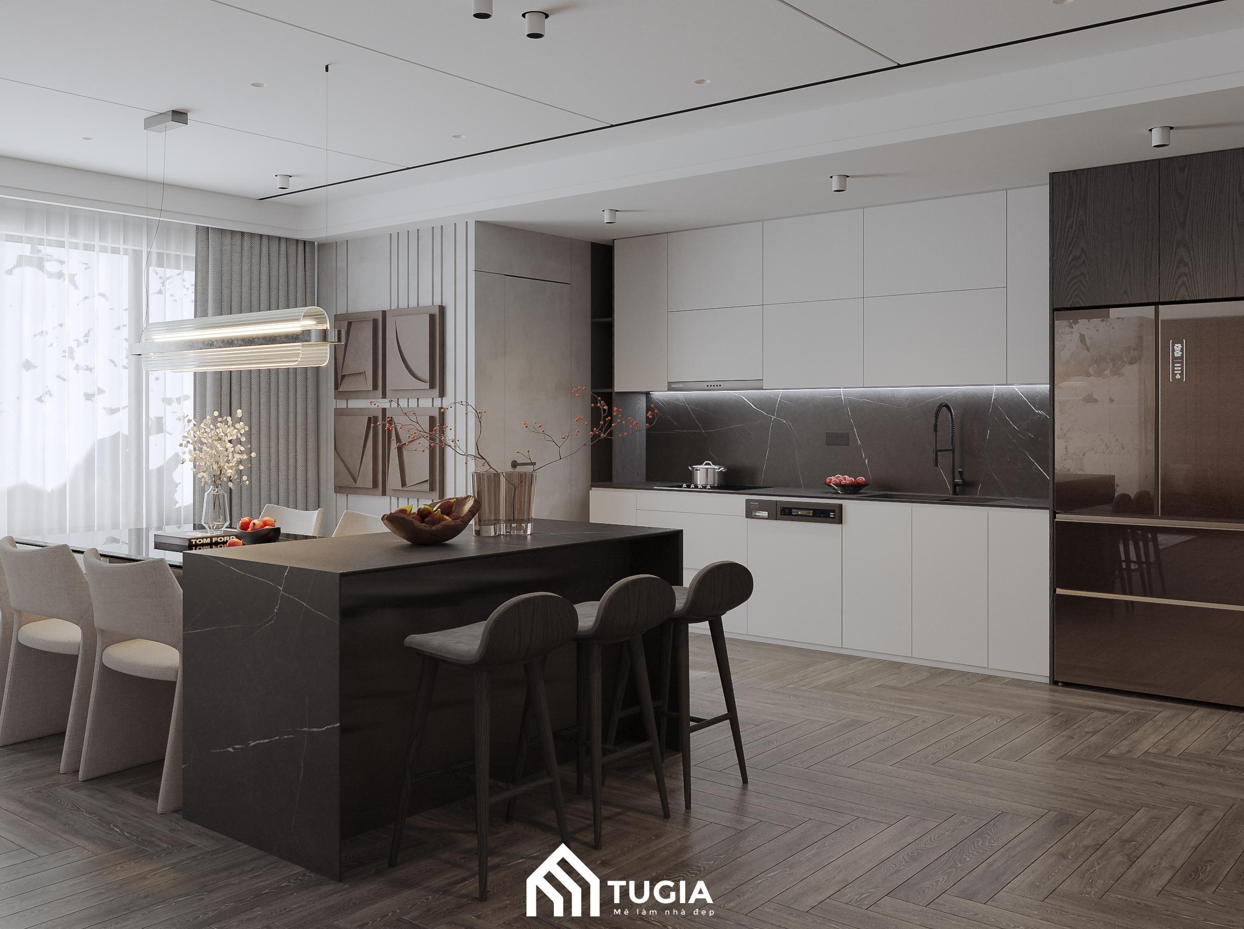 Decor nhà bếp với tông màu trắng đen hiện đại và thanh lịch