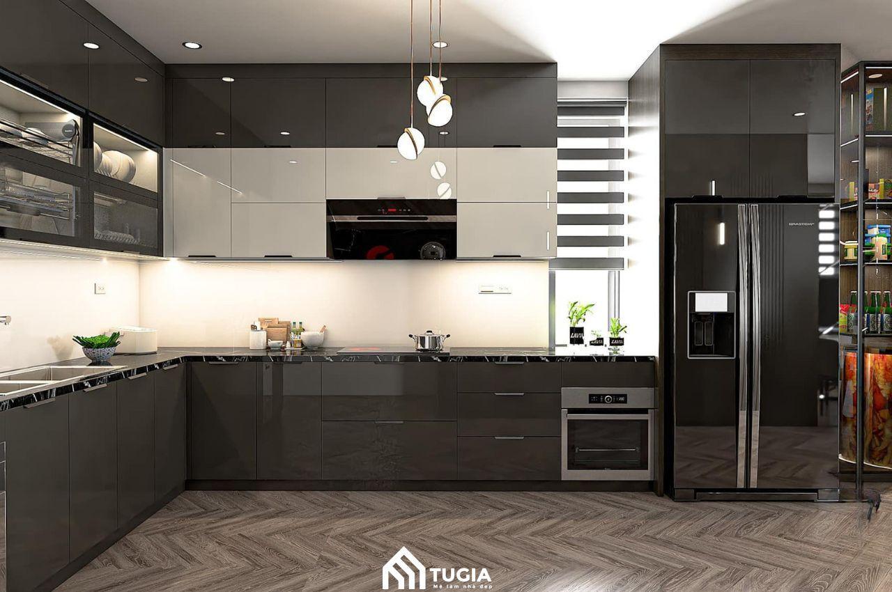 Nội thất Tứ Gia decor nhà bếp trắng đen với canh xanh tạo sự tươi mới