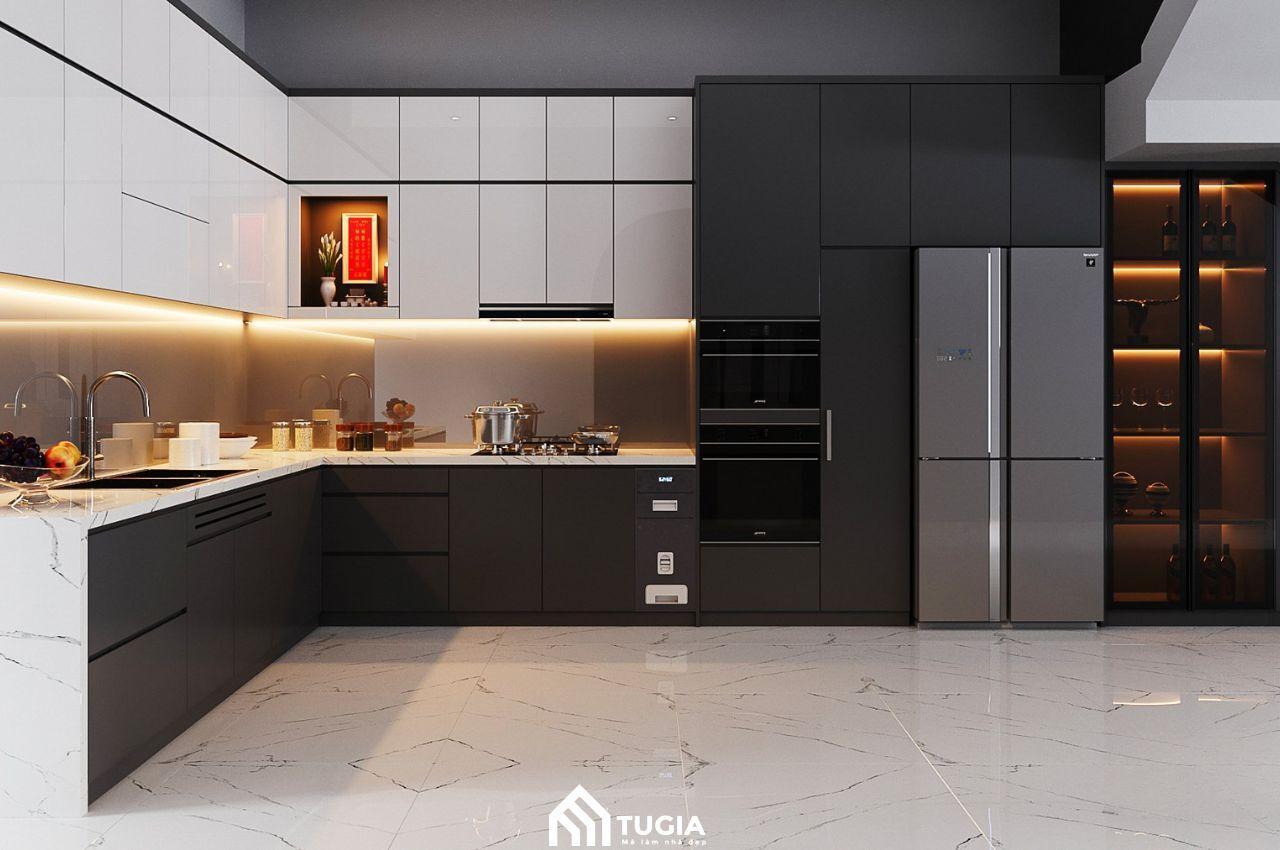 Decor bếp với hai màu chủ đạo đen, trắng hiện đại, sang trọng