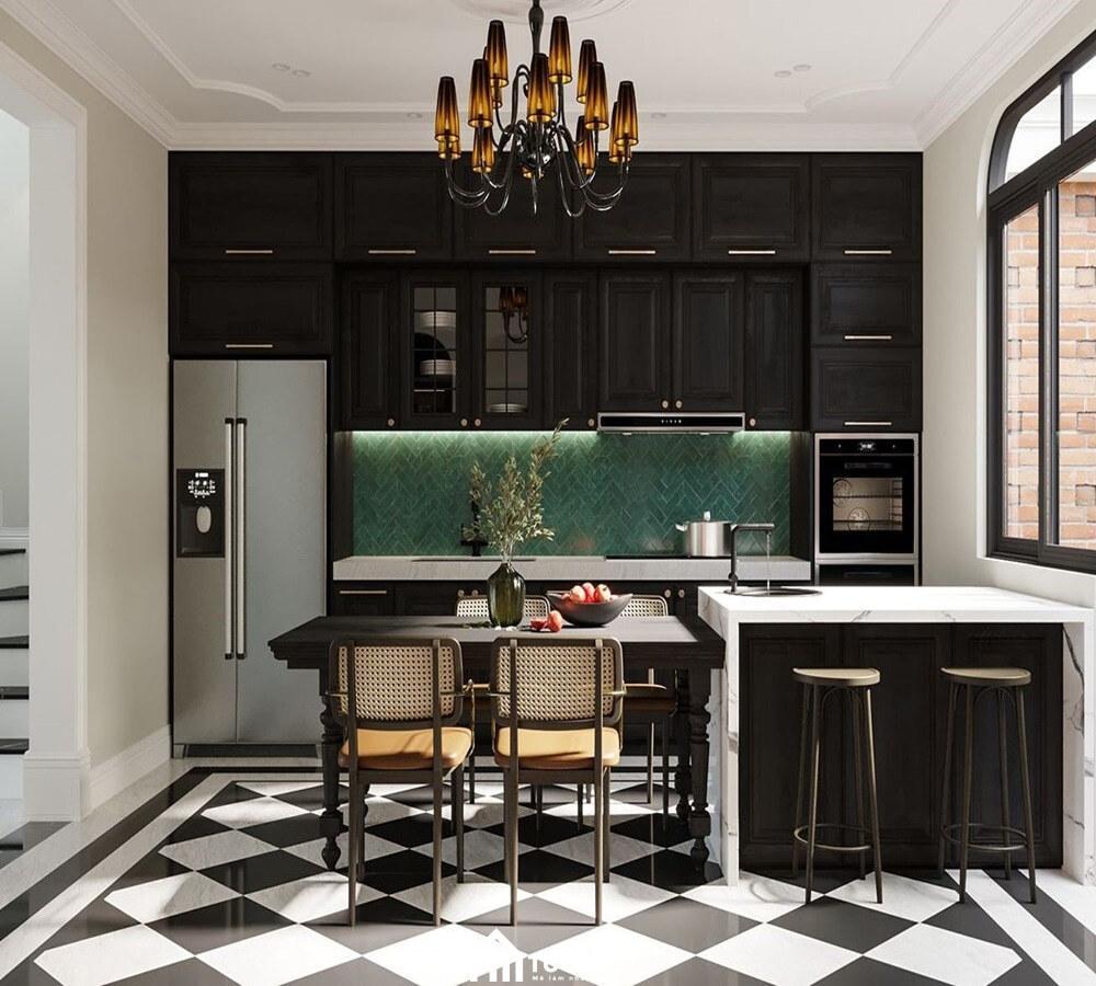 Decor phòng bếp đẹp sử dụng trắng đen làm hai tone màu chủ đạo đầy phong cách