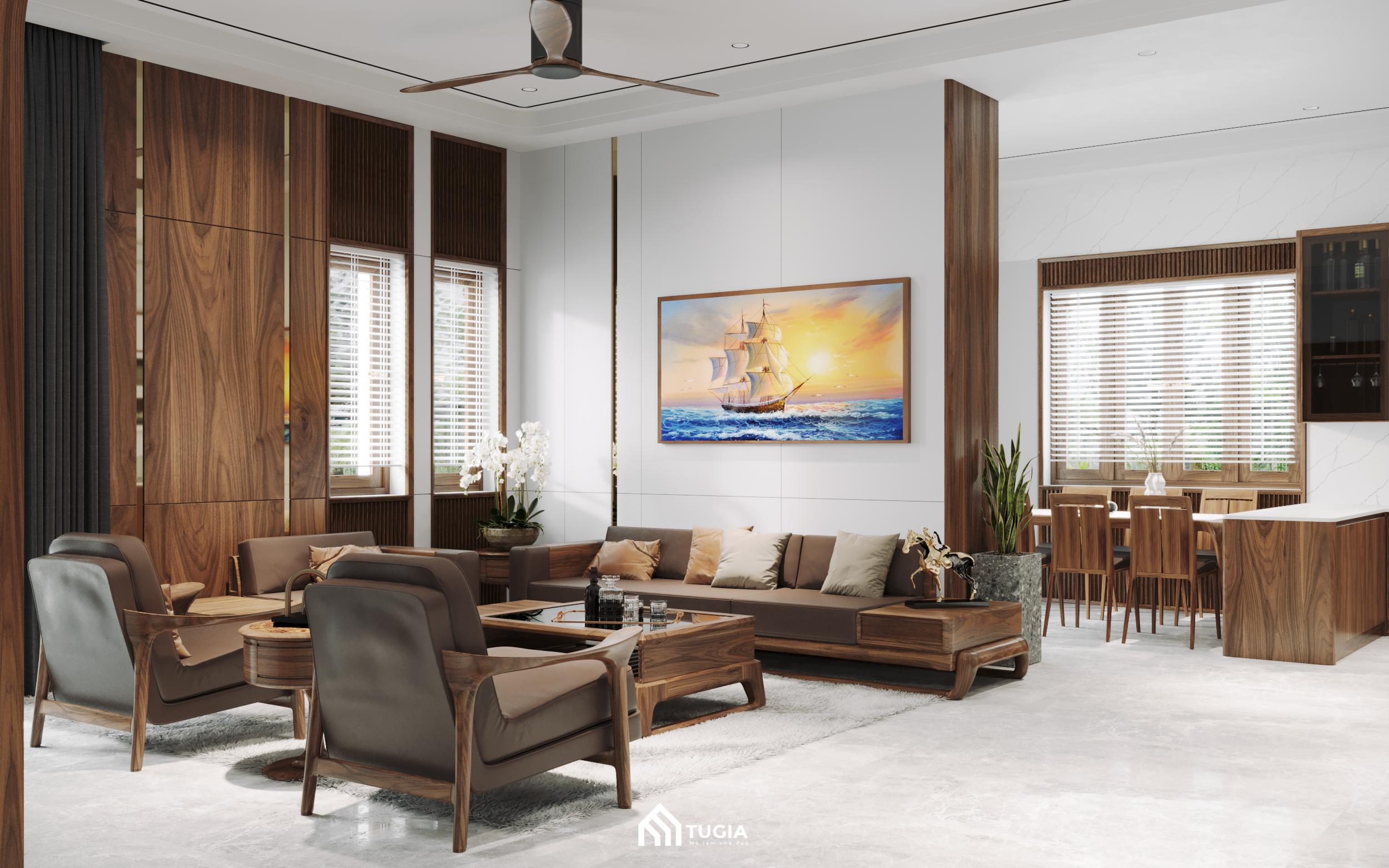 Không gian căn nhà nổi bật với vẻ đẹp ấm cúng và hiện đại nhờ sử dụng chất liệu gỗ tự nhiên