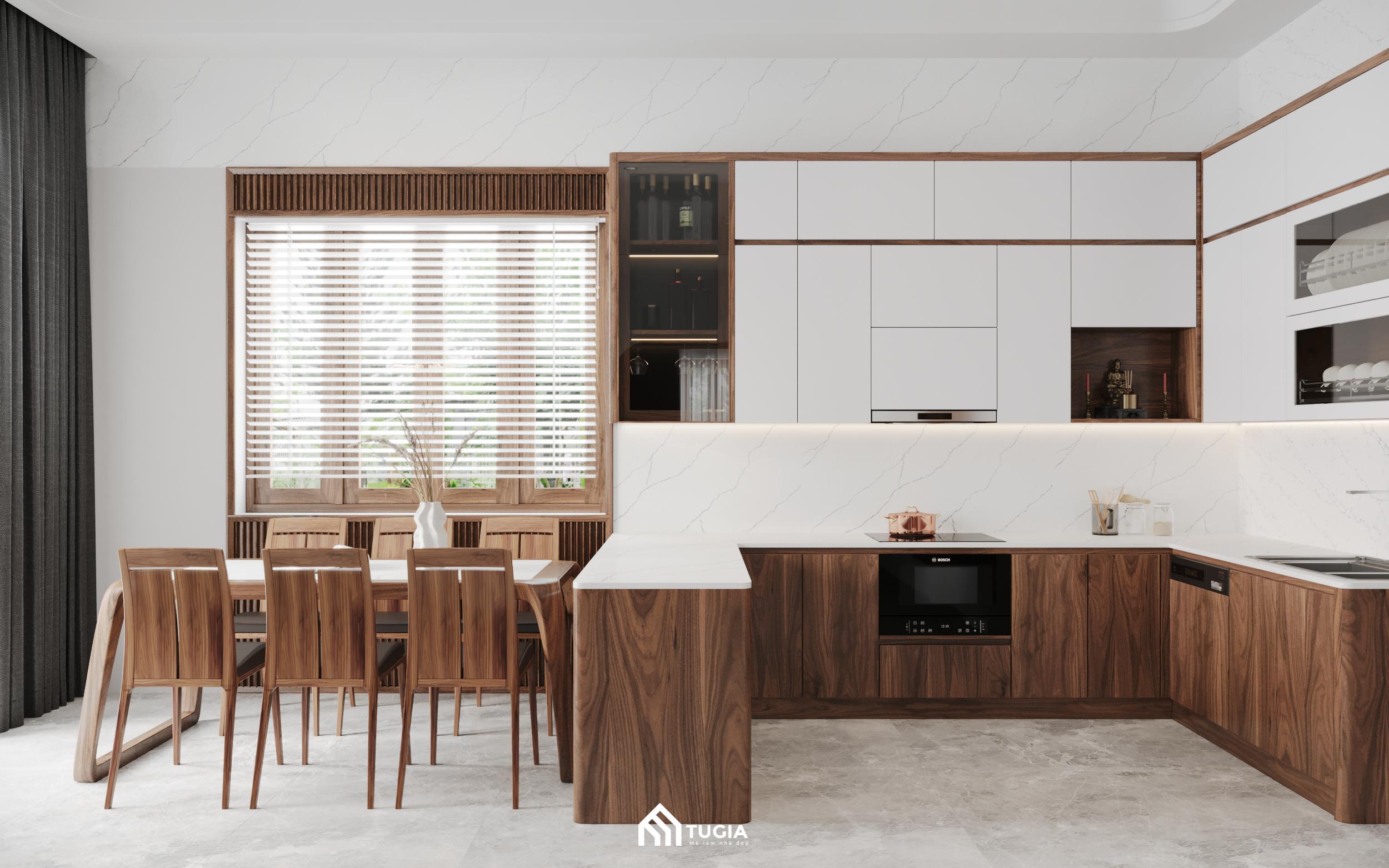 Hệ tủ bếp và bàn ghế ăn được làm từ chất liệu gỗ tư nhiên cao cấp