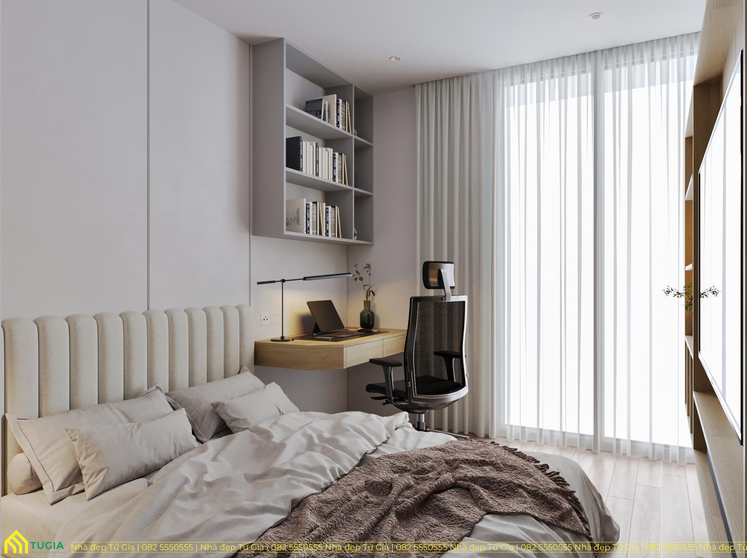 Phòng ngủ phụ nổi bật với các họa tiết trang trí đầu giường bo góc mềm mại, tinh tế