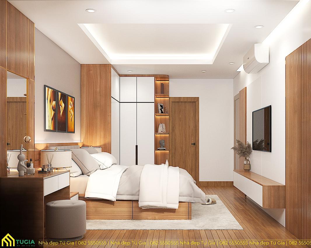 Nội thất phòng ngủ chính của vợ chồng Chị Nhung được kết hợp giữa gỗ tự nhiên và gỗ công nghiệp một cách tinh tế